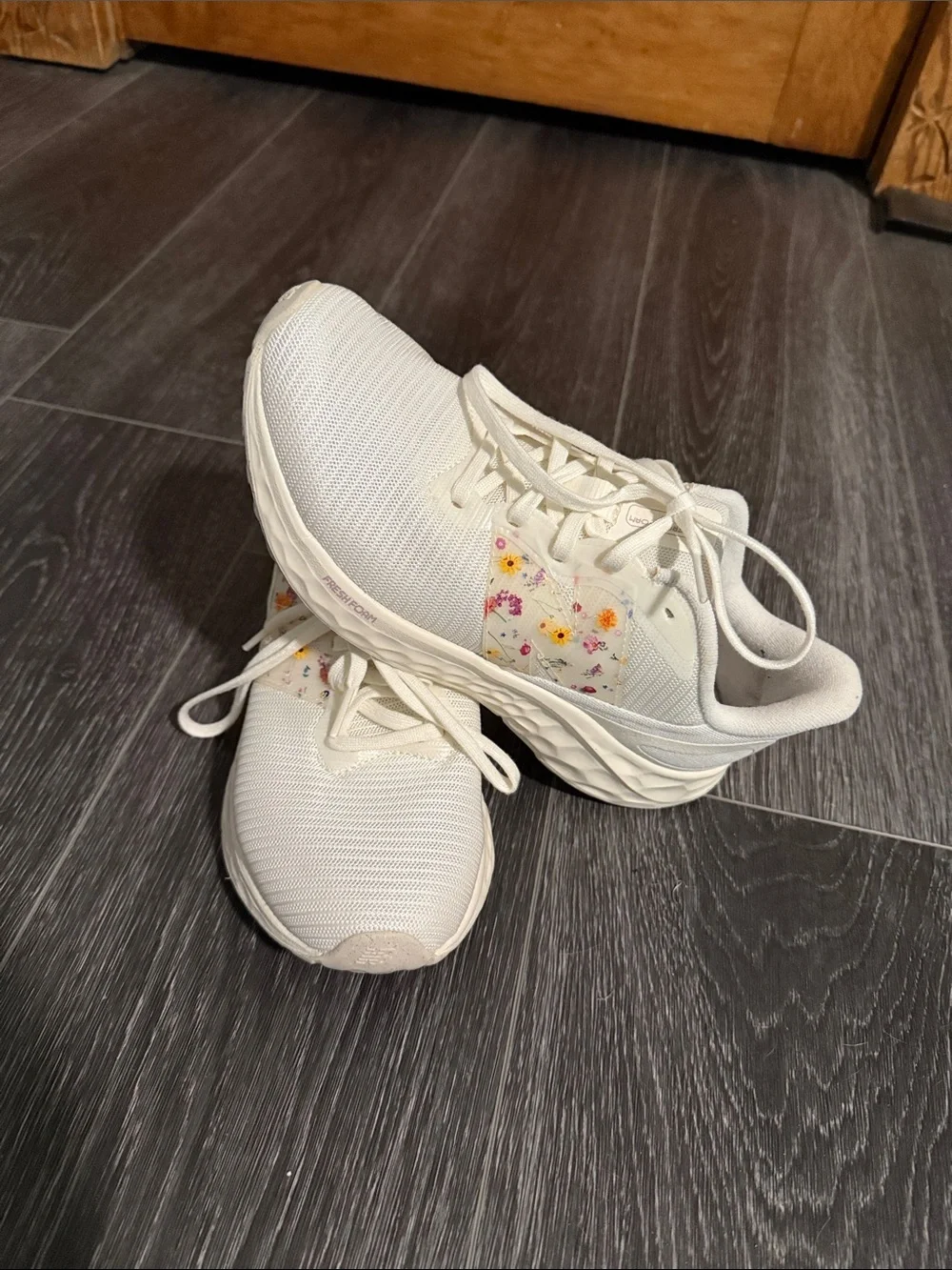 Women's New Balance Cream Athletic Sneakers with Floral Accent